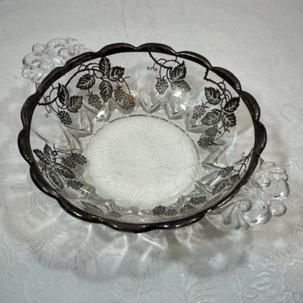 VTG Etched Glass Candy/Serving Dish w/Sterling Overlay Scroll Handles 6" Wide